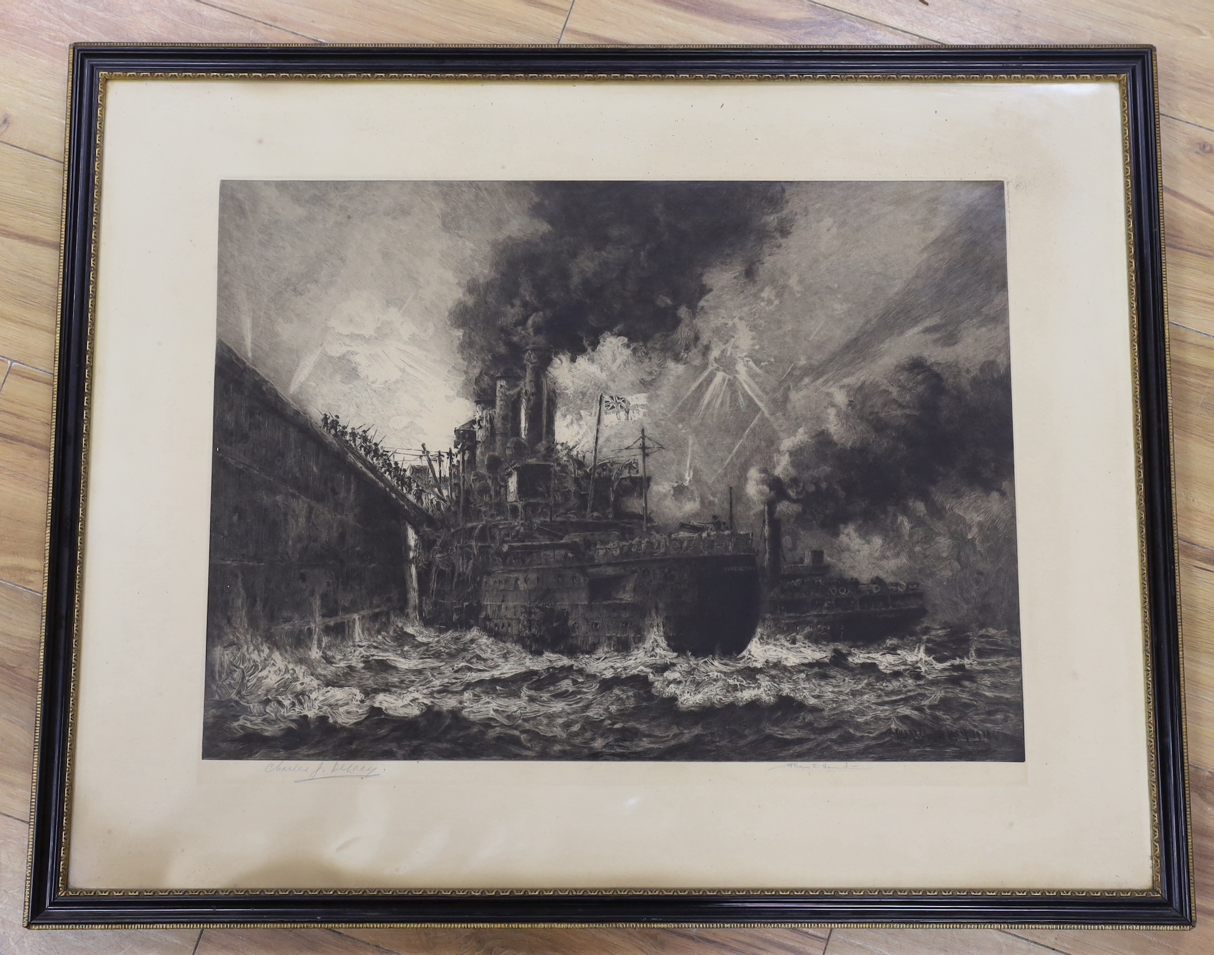 Charles John DeLacy (1856-1936) and Albany E. Howarth (1872-1936), drypoint etching, 'The Storming of Zeebrugge Mole. St George's Day, 23rd April 1918', signed by both artists, 44 x 60cm